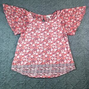 Lucky Brand Women's size Small Floral Flutter Sleeve Cutout Back Top Coral Blue